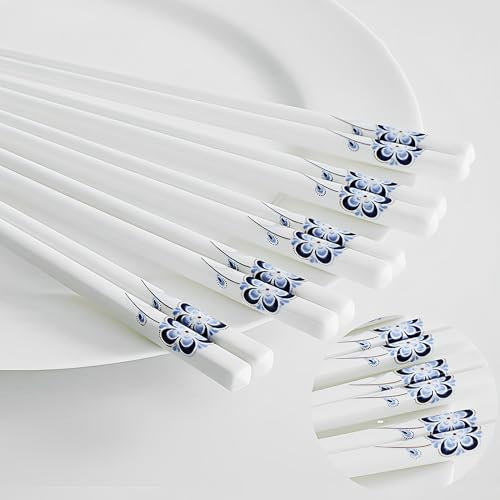 Juego de 5 palillos de cerámica, bonitos palillos de porcelana china fáciles de limpiar, gran reemplazo de plástico/madera, 9.7 pulgadas (pavo real azul)