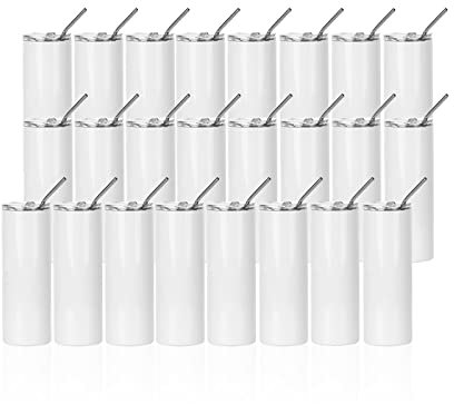 PYD Life 24 Pack Sublimation Tumbler Blanks 20oz White Stainless Steel with Metal Straw and Lid for Tumbler Heat Press Machine Sublimation Print