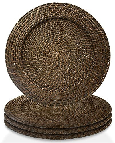 Charge it by Jay Rattan Charger Plate Large 13” Decorative Service Plate for Home & Professional Fine Dining Perfect for Upscale Events, Dinner Parties, Weddings, Banquets, Catering, Brown, Set of 4
