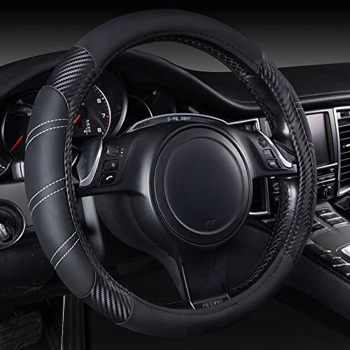 CAR PASS Line Rider Mikrofaser Leder Sportliche Lenkradbezug, 36.8–38.1cm Universal für 95% LKW SUV PKW, Anti-Rutsch Sicherheit Komfortables Design (Schwarze Kohlefaser)