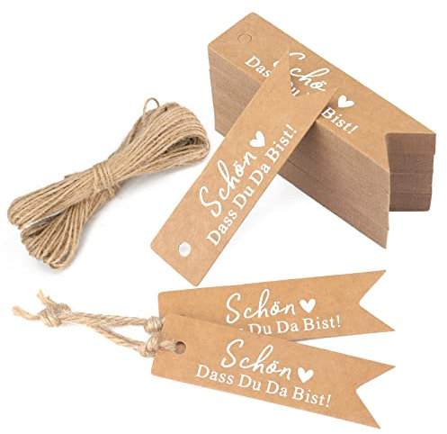 jijAcraft 100 Stück Geschenkanhänger SCHÖN DASS DU DA BIST Kraftpapier Anhänger Hochzeit 7 * 2CM mit Jute Schnur Hangtag Anhänger Etiketten Tags für Flohmarkt Verpackten Hochzeitsdeko DIY