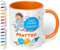 Geschenk zur Einschulung für Mädchen und Jungen: personalisierte Tasse Erster Schultag mit Name und Datum (Astronaut, Orange)