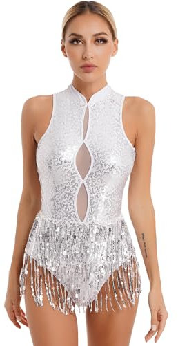 Freebily Damen Tanzbody Glänzend Pailletten Fransen Bodysuit Glitzer Latein Salsa Ballsaal Kleid Body Ballett Leotard Gymnastik Tanzkostüm Weiß L