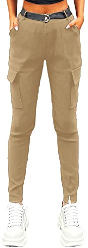 Nuofengkudu Stretch Pantalon Cargo Femme Taille Elastique avec Poche Laterale Uni Gothique Leggings Classique Chic Taille Haute Fille School Jogging Streetwear