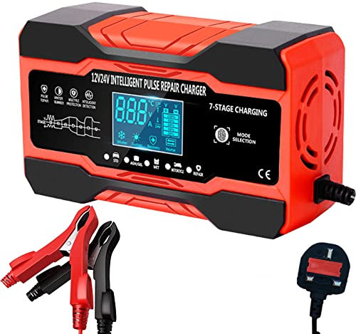 VACANON 10Amp Car Battery Charger, 12V/24V Smart Automatic Car Battery Charger Maintainer with 7-Stage Charging, LCD Screen for Car Truck Motorcycle Marine AGM, WET & GEL Lead Acid Batteries