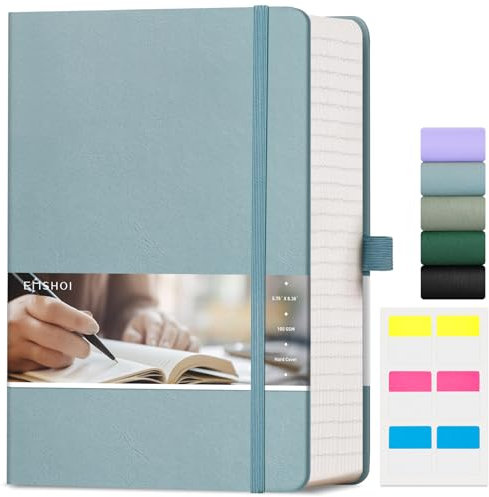 EMSHOI Notizbuch mit 400 Seiten, A5, liniertes Tagebuch, 100 g/m² dicker Notizblock, Hardcover, veganes Leder, liniert, für Damen, Herren, Arbeit, Schule, Büro, Schreiben, Haftnotizen, 14,5 x 21 cm,