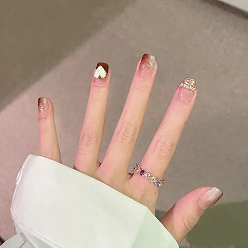 CEBOIC Uñas Postizas, Pegamento Uñas Postizas cortas Cortas Hechas a Mano Marrón Caramelo, Press on Nails Para Uso Diario en Fiesta de Mujeres y Niñas, 10 piezas Uñas Acrilicas Kit Completo