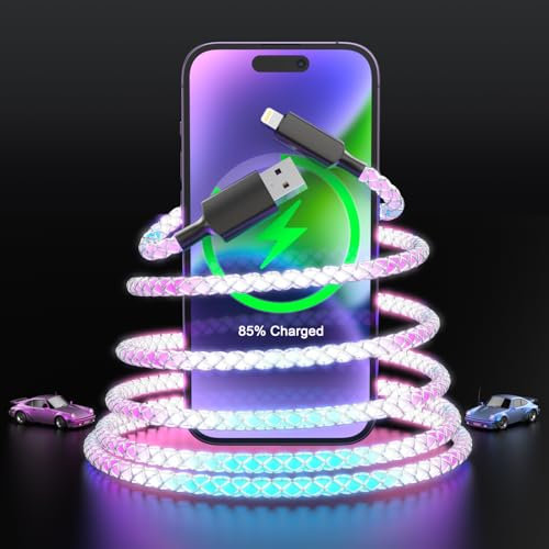 Light Up 3FT Apple USB to Lightning Data Sync Cable for Car with 20W Fast Charging, LED MFi Certified RGB LED Flowing Lightning Cable for iPhone Carplay