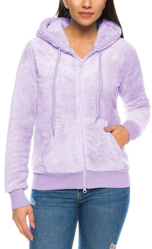 Crazy Age Herren und Damen Teddy-Fell Jacke mit Kapuze Fleecejacke Plüsch mit Kängruhtaschen - Zipper (CA-2914-Flieder-M)