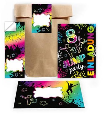 Limonia 12 Einladungskarten zum 8. Kindergeburtstag Jump Party Trampolin neon Einladung Set Geburtstag Mädchen Kinder Jungs Jungen Boys Geschenktüte inkl. 12 Umschläge, 12 Tüten, 12 Aufkleber