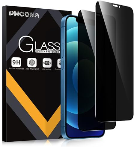 Phoona Protector Pantalla Privacidad para iPhone 12/12 Pro 6,1 Pulgadas, Cobertura Completo Cristal Vidrio Templado Privacy, Anti Espía, Amigable para Funda, 2 Piezas
