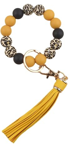 Boethesi Porte-clés avec bracelet en perles de silicone motif léopard, bracelet à pampilles, porte-clés de voiture pour femme, porte-clés de poignet, jaune, taille unique