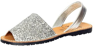 C.Ortuño Avarcas Damen Echt Leder Sommer Sandalen Glitzer Espandrillos Menorquinas Menorca Sandalette (Silber, EU Schuhgrößensystem, Erwachsene, Damen, Numerisch, M, 38)