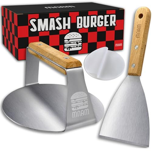 mnam Prensa para Hamburguesas Smash - Acero Inoxidable, Kit Smash Burger con Espátula, Molde Hamburguesas Caseras, Ideal Parrilla y Plancha - Smasher Profesional Mango de Madera