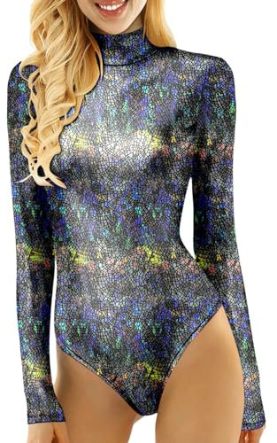 KBOPLEMQ Damen Langarm Lack Body Wetlook Gymnastikanzug Glänzende Metallic Einteiler Sport Ballettbody Oberteile Kostüm Sexy Body Laser Lack Leder Bodysuit Gymnastik Turnanzug Top Catsuit