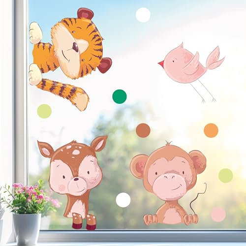 Sunnywall Fensterbild Fensterdeko Tiger Rehkid Affe Vogel Fensteraufkleber statisch selbstklebend beidseitiger Druck Aufkleber Fenstersticker WIEDERVERWENDBAR A2