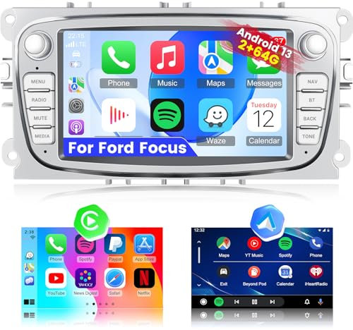 NHOPEEW 2+64G Android 13 Autoradio für Focus II für S-Max für Mondeo 9 für Galaxy II für C-Max für Kuga mit Carplay&Android Auto - 7 Zoll Radio Unterstützung WiFi GPS SWC + Rückfahrkamera&Mic