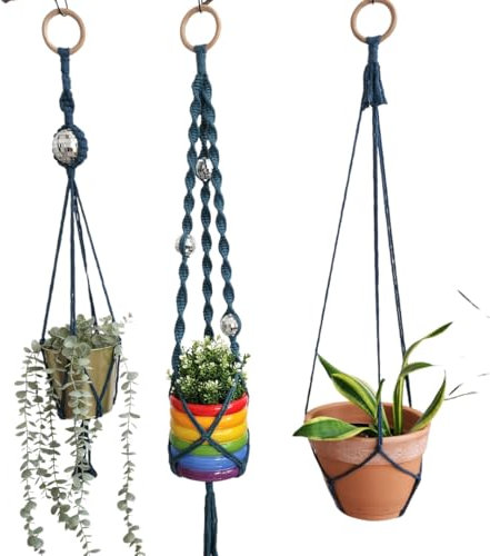 Set of 3 Macrame Plant Hanger | Disco ball decor Hanging planters for indoor plants Cool gifts for plant lovers Boho plant pots plant stand indoor Hanging planters for outdoor plants (Peacock Blue)