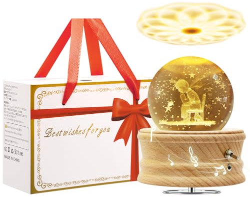 MJKOPEE Spieluhr Kristallkugel mit Licht, 3D Spieluhren 360°Drehbar Holzsockel,Musical Box für Kinder/Erwachsene/Mama/Muttertags/Geburtstag/Weihnachten Gedenkgeschenke (Kleiner Prinz und Rose)