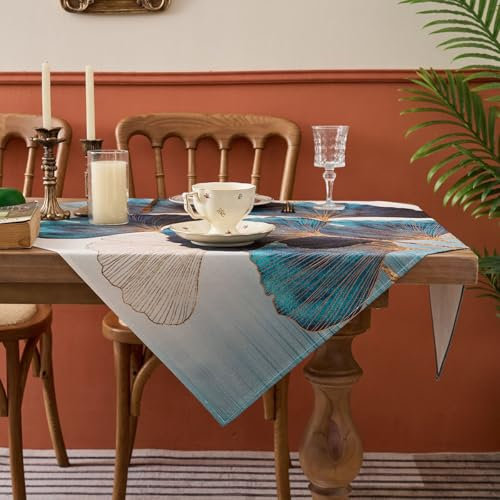 Kiatuniya Tischdecke Modern Blau Grün Petrol Gold Ginkgo Biloba Herbst Tischtuch Wohnzimmer Deko Eckig Mitteldecke Tischdecken Türkis Vintage Tischtuch für Küchentisch Esstisch 85x85cm