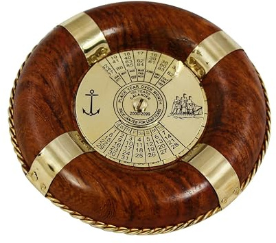 NKlaus Dauerkalender Rettungsring aus Messing und Holz, 9x2cm, 1 Stück | Maritime Dekoration im Vintage-Stil