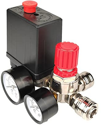 Interruttore di pressione per compressore d'aria, 1/4 220 V, regolatore di controllo della valvola di sicurezza con manometri 90 ~ 120 PSI per regolazione della pressione (bianco)