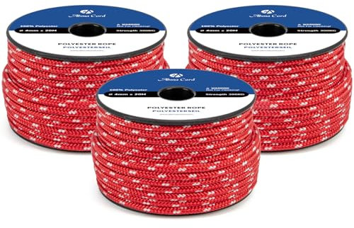 Abma Cord Polyesterseil 4mm x 20m Seil Geflochtene Schnur Reißfest für Outdoor, Boot, Festmacher, Zelt, Garten - Rot/Weiß