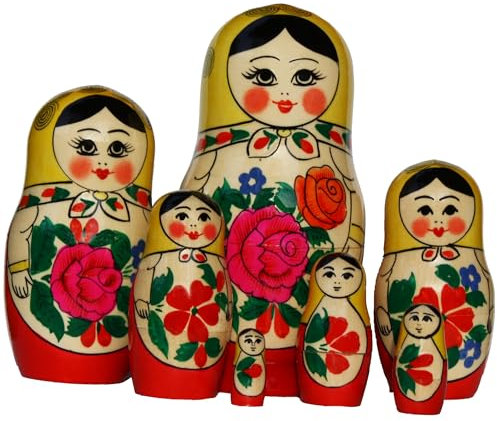 N_FROMM Matroschka Semenovskaya Babuschka Puppen russische Matrjoschka Original Klassisch Gelbes Tuch Set aus 7 Holzpuppen in Höhe 16 cm
