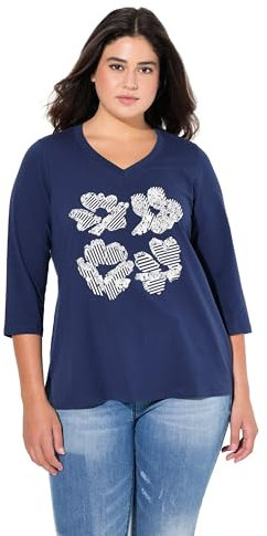 Ulla Popken Damen große Größen Übergrößen Plus Size Shirt, Blüten, Classic, V-Ausschnitt, 3/4-Arm Tintenblau 46+ 834581740-46+