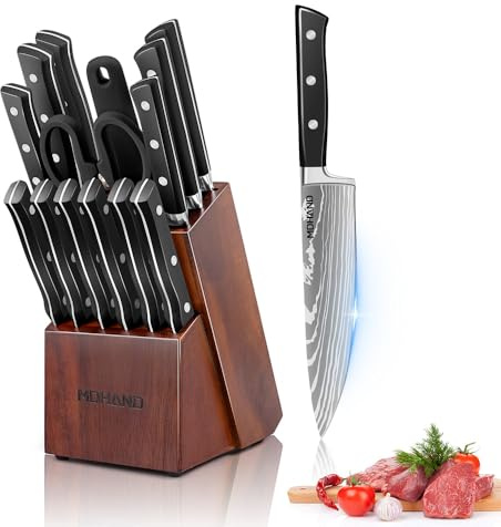 Messerblock mit Messerset, Profi Messerset mit 6 pcs Küchenmesser, 6 Steak Messer, Schere, Messerschärfer und Messerhalter, Hochwertiges Küchenmesser Set mit Block, Scharf Profi Kochmesser Set
