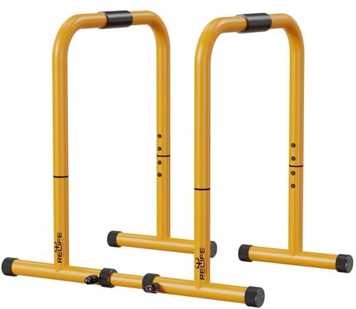 RELIFE REBUILD YOUR LIFE Dip Station Dip Bar Barren Parallettes Push Up Dip-Ständer Einstellbar Einstellbare Höhe Fitness Turnhalle Ausüben Calisthenics Equipment (Yellow-1)