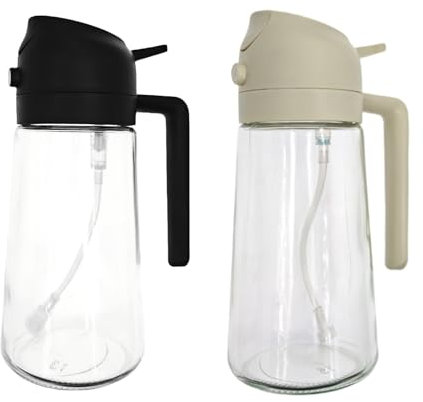 ZHIYE 2 Pack Oil Spray Bottle for Cooking, 500ML 2 in 1 Olive Oil Dispenser Sprayer for Kitchen Premium Clear Glass Pots for Cooking, Air Fryer, BBQ, Salad, Beige+Black