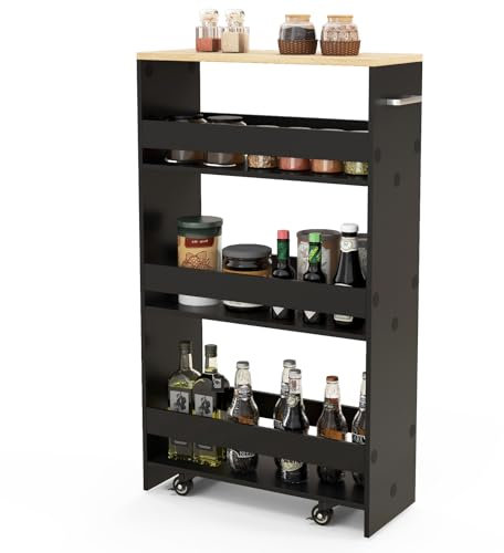 GIANTEX Chariot de Rangement 20 cm Large, Desserte à roulettes 4 Niveaux avec Poignée, 3 Barres, Meuble Cuisine Etroit, pour Salle de Bain, Salon, 47,5 x 20 x 80,5 cm (Noir+Naturel)