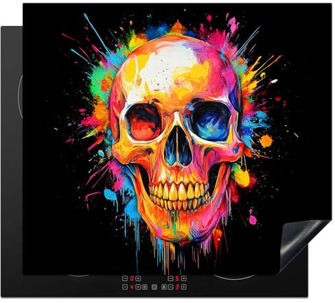 KitchenYeah© Herdabdeckplatte 60x52 cm Einteilig Ceranfeld Abdeckplatte Küche Deko Ceranfeldabdeckung Herdabdeckung Induktionsmatte Totenkopf - Graffiti - Schädel - Bunt