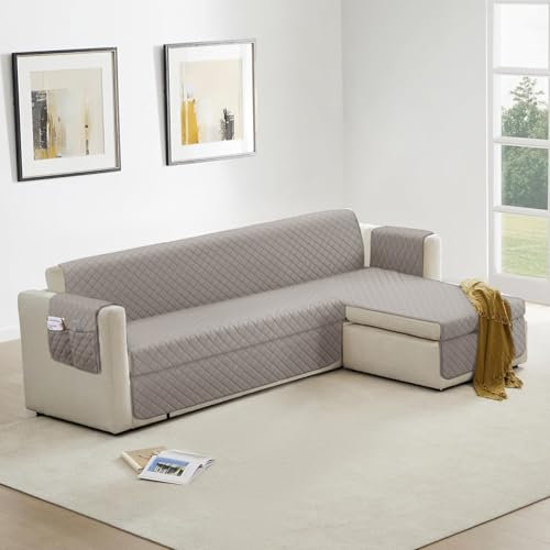 Homebliss Sofa Überzug L Form 200cm Wasserdicht, Couch Überzug für Katze und Hund, Sofaschone Universell Reversibel, Hellgrau