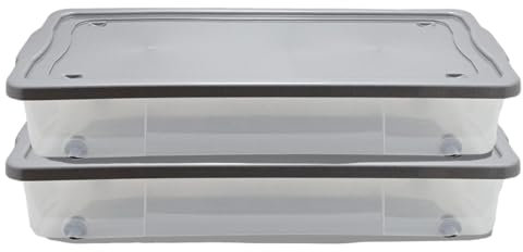 SIDSONS 47L Underbed Storage Box - Set Of 2 Clear Container, Flat Organizing Box, Clothes Storage Box, Large Plastic Under Bed Box With Wheels And Lid, Stackable Storage Boxes For Bedroom, Home