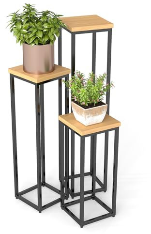 Youyijia Eichenholz Blumenregal Set 3-tlg (21x21x50/70/90cm) mit Verstellfüßen & Eisenbeschichtung für Balkon Garten Terrasse, Stabiles Blumenständer Set aus Naturholz