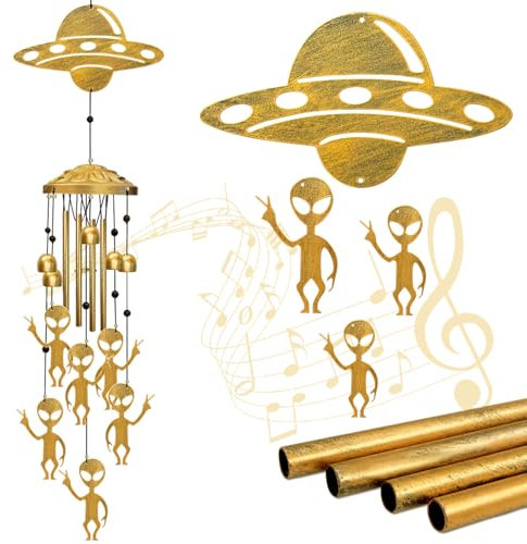 Alien-Windspiel für draußen, außerirdisches UFO-Windspiel, Dekoration, Metall-Untertasse, UFOs und Aliens, Windspiel, Hof, Garten, Dekoration, Outdoor, Männer/Frauen/Gedenk/Einweihung/Geburtstag