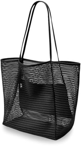 MorLuks Mesh Strandtasche Schwarz XXL, Beach Bag, Strandtasche mit Reißverschluss Innentasche, Strand Tasche Damen, Badetasche Groß, Faltbare Netztasche Handtaschen Strandbeutel