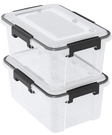 Ikando Airtight Plastic Storage Box with Waterproof Seal Lid, Clear Stackable Storage Box, 10 Liter, Set of 2