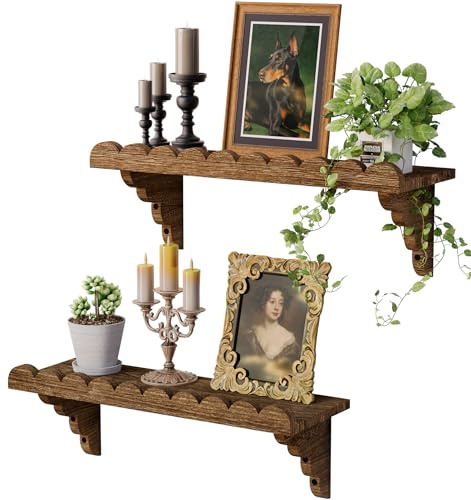 QsQueen Scalloped Wood Wall Shelf – 17 Inch Floating Shelf with Wood Brackets, Easy to Install Rustic Wall Shelf for Living Room, Bedroom, Bathroom, or Any Space