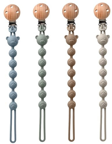 4 Stück Schnullerkette Mädchen/Junge, Schnullerkette Silikon with Holz Clip, Schnullerband, Schnullerketten, Cup Catcher Baby, Kinderwagen Spielzeug Kette Befestigung sicherheitsgurte