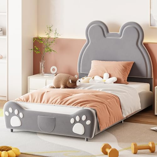 RIAZOS Bett 90x200 mit Lattenrost Kinder Mädchen Einzelbett, Kinderbett, Bärenform, Bettgestell, Jugendbett, Bett für Jungen und Mädchen, Samt, ohne Matratze