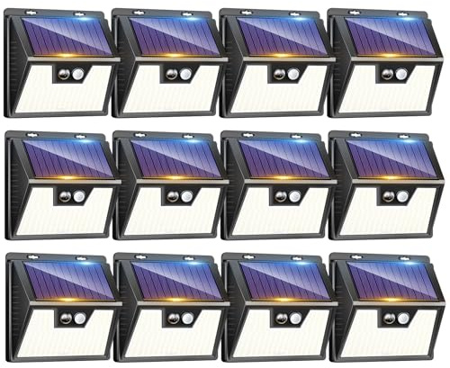 LOTMOS 12 Stück Solarlampen für Außen mit Bewegungsmelder, Kaltes Weiß | 3 Modi Solar Lampe Outdoor, 176 Superhelle LED Solarleuchten für Aussen für Garten Garage Hof Draußen, IP65 Wasserdichte