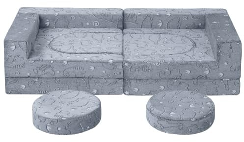 MeMoreCool Sofa für Kinder ab 3 Jahren, Modularer Schaumstoff Soft Couch mit Grauem Dinosaurier, Leuchtender Effekt, Ideales Sofa für Kinderzimmer