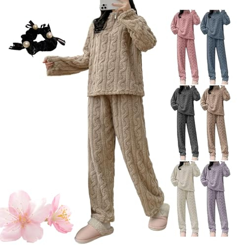 Qosneoun Women Fleece Pyjamas, Fluffy Soft Warm Cosy Loungewear Sets, Quarter Zip Pullover And Wide Leg Pants 2 Pieces Nightwear