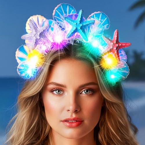 Atigy Leuchtender Seestern-Stirnband, LED-Muschel-Kopfschmuck, Perlen, Meerjungfrau-Haarschmuck für Damen