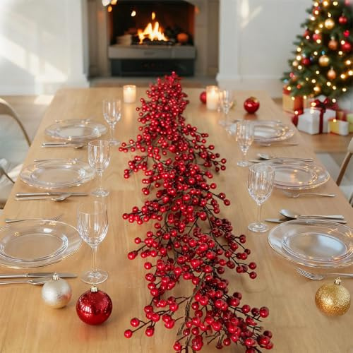 Weihnachten Girlande, Weihnachtsdeko Tisch, Gelb&Schwarz Künstliche Girlande mit roten Beeren, für Weihnachten, Neujahr, Tafelaufsatz, Blumenarrangement, 1,8 m, Rot, Einheitsgröße