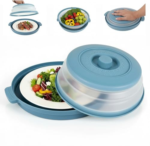 Collapsible Microwave Cover for Food, Microwave Plate Cover with Anti-Scald Base Mat, Vented Microwave Cover BPA Free, Kitchen Gadgets 2025 New 10.5 Inch Blue