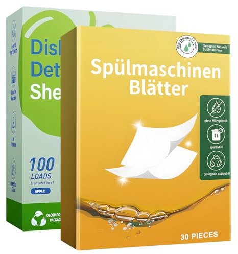 130 Stück Spülmaschinen Blätter, Geschirrspülblätter,Spülmaschinenblätter Biologisch Abbaubar Plastikfrei, Zitronengeschmack + Grüner Apfelgeschmack